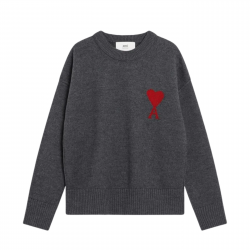 AMI PARIS PULL CREWNECK GRIS AMIN DE COEUR ROUGE