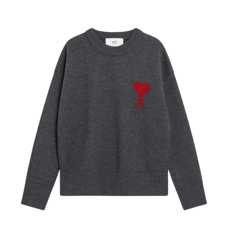 AMI PARIS PULL CREWNECK GRIS AMIN DE COEUR ROUGE